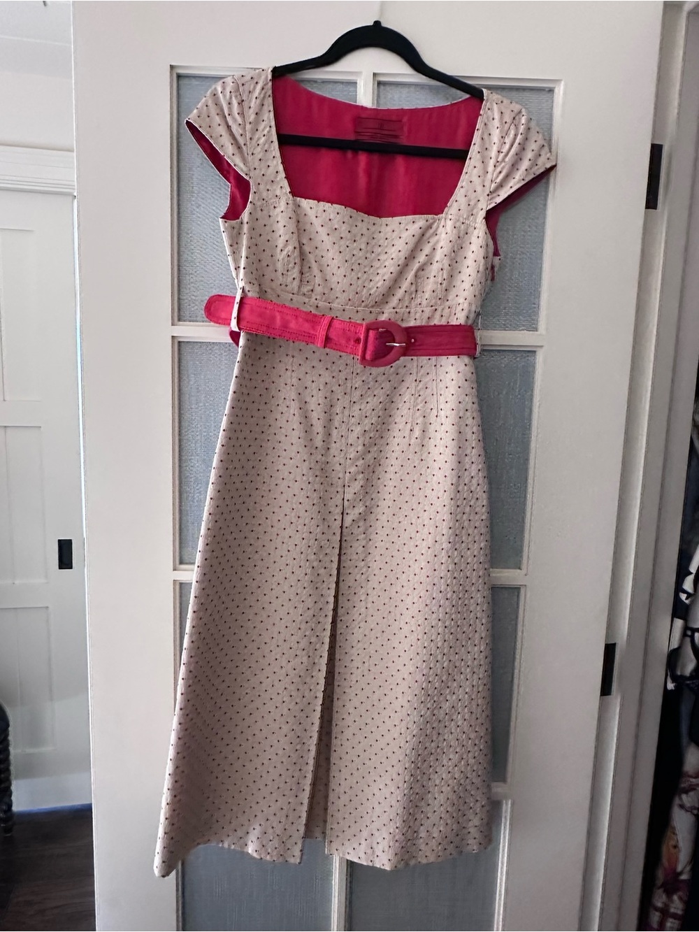 Carolina Herrera Cream Polka Midi Dress with Red Trim and Belt - like new